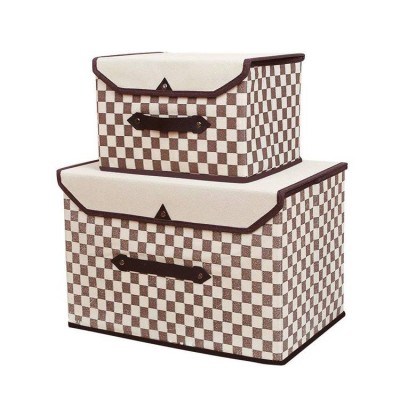 Non Woven Fabric Simple And Stylish Grid Design Brown Closet Fabric Storage Box Bin